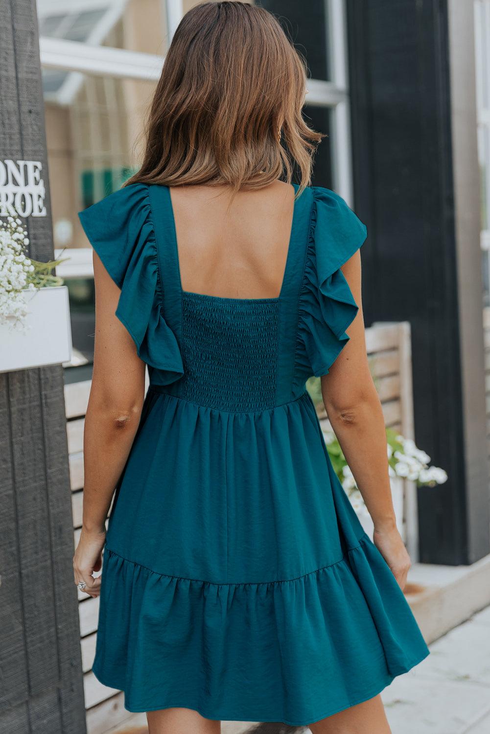 V Neck Ruffle Trim Smocked Mini Dress Mini Dresses MyDresses 