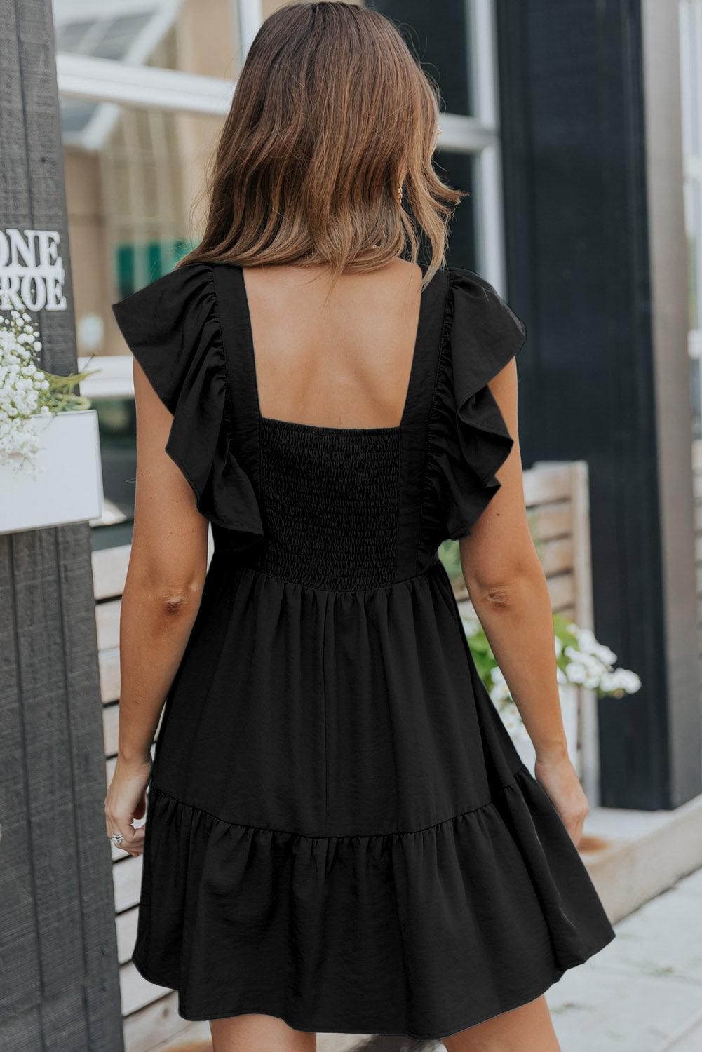 V Neck Ruffle Trim Smocked Mini Dress Mini Dresses MyDresses 