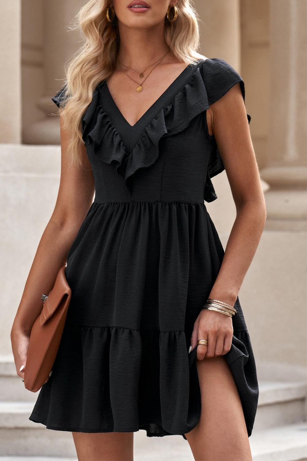 V Neck Ruffle Trim Smocked Mini Dress Mini Dresses MyDresses 