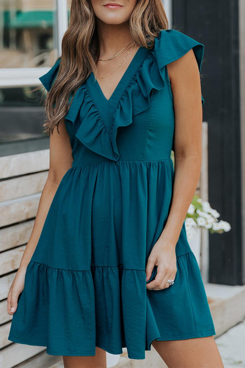 V Neck Ruffle Trim Smocked Mini Dress Mini Dresses MyDresses 