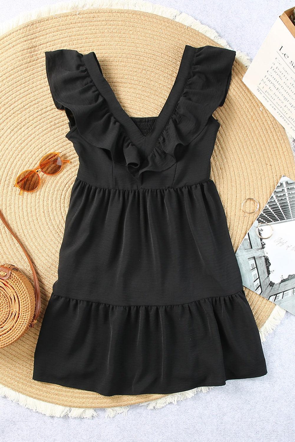 V Neck Ruffle Trim Smocked Mini Dress Mini Dresses MyDresses 