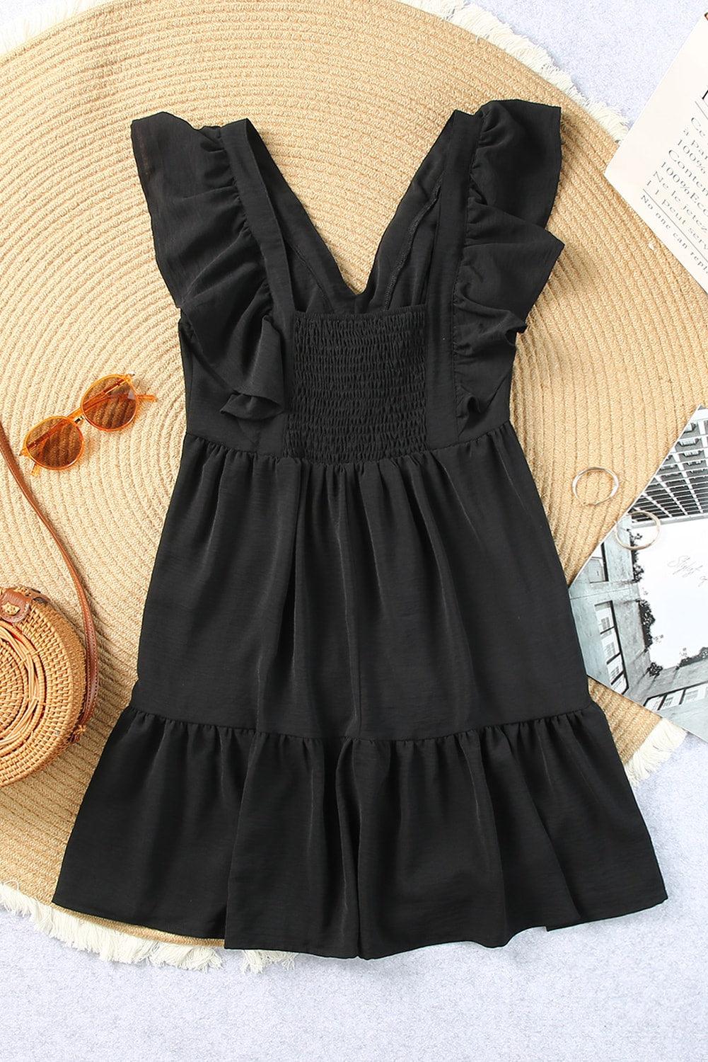 V Neck Ruffle Trim Smocked Mini Dress Mini Dresses MyDresses 
