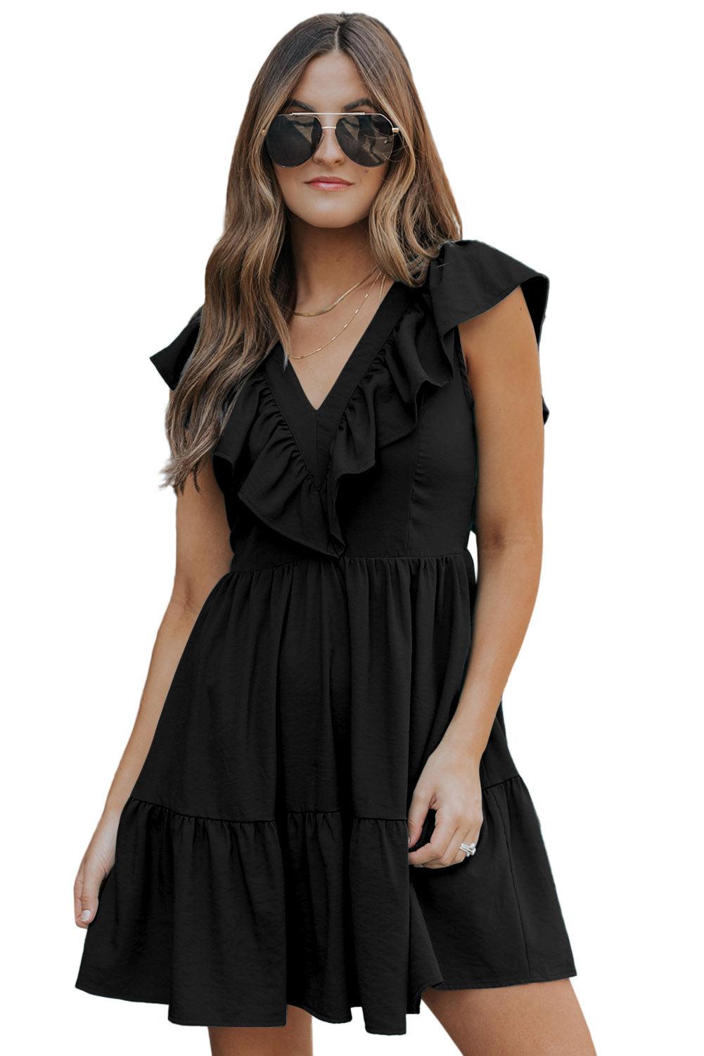 V Neck Ruffle Trim Smocked Mini Dress Mini Dresses MyDresses 