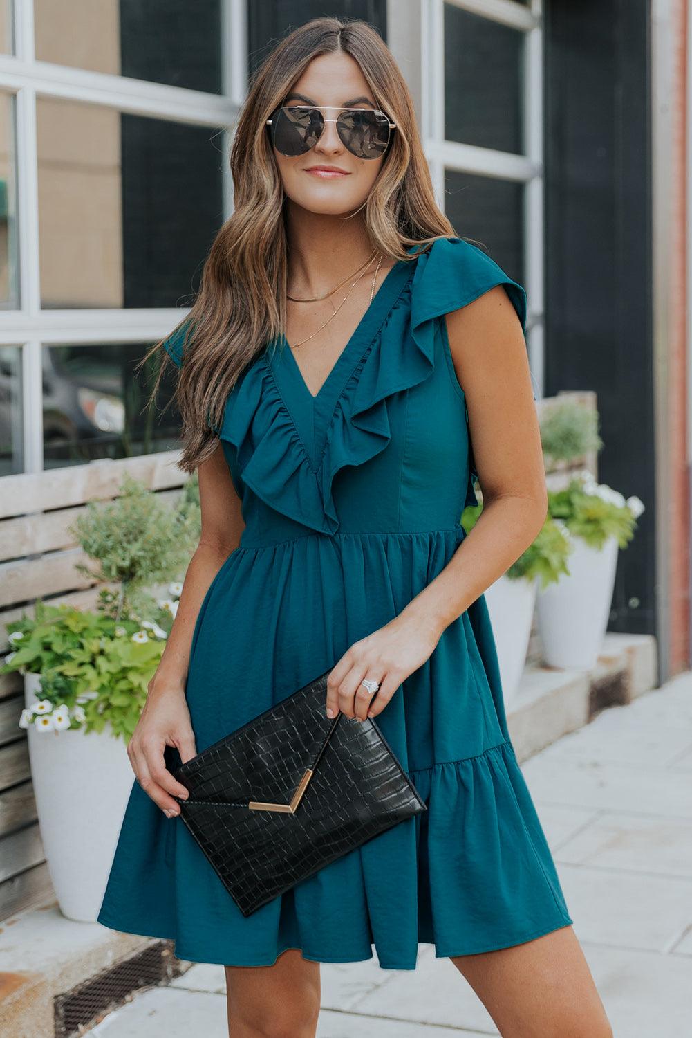 V Neck Ruffle Trim Smocked Mini Dress Mini Dresses MyDresses 
