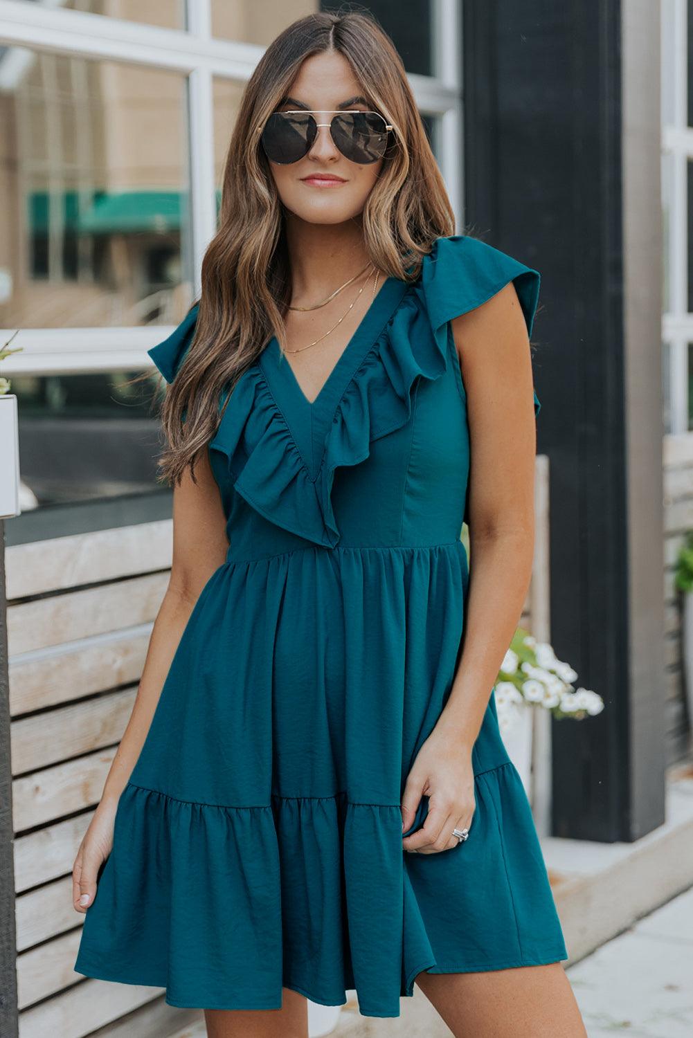 V Neck Ruffle Trim Smocked Mini Dress Mini Dresses MyDresses 