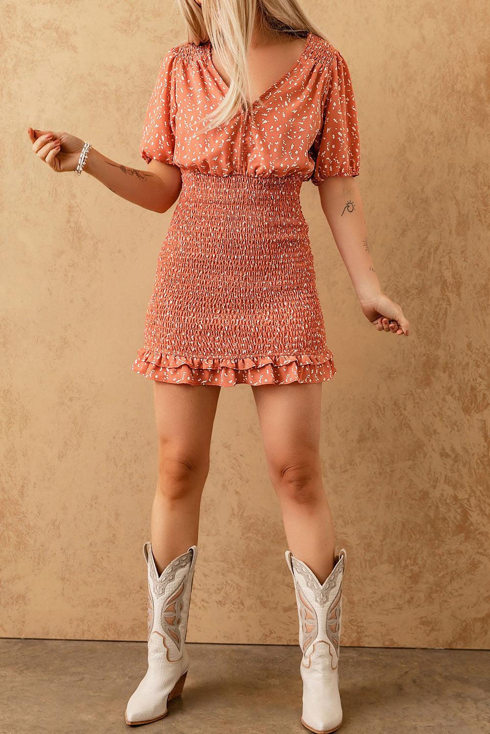V Neck Smocked Print Mini Dress Mini Dresses MyDresses 