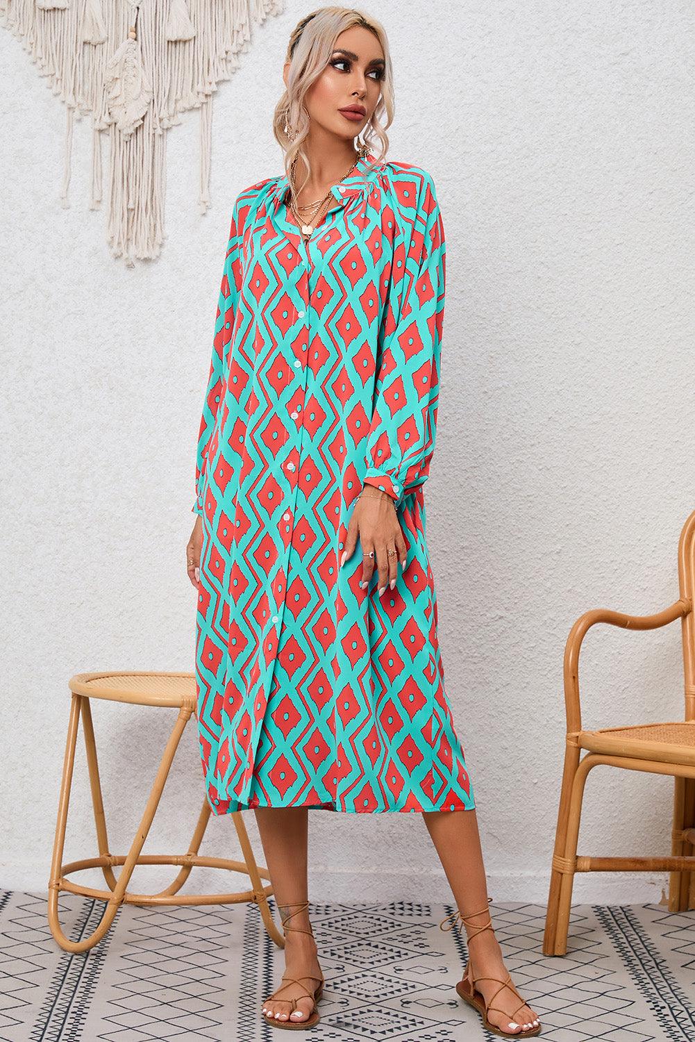 Western Geometric Print Split Button Shirt Dress Midi Dresses MyDresses 