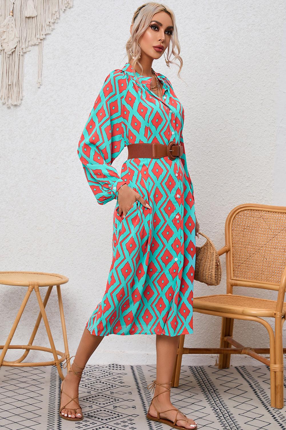 Western Geometric Print Split Button Shirt Dress Midi Dresses MyDresses 