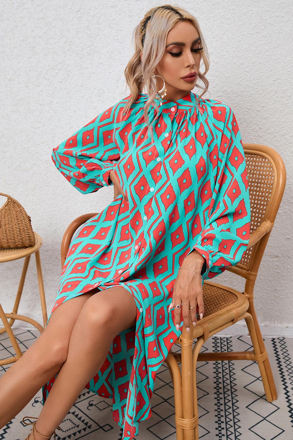 Western Geometric Print Split Button Shirt Dress Midi Dresses MyDresses 
