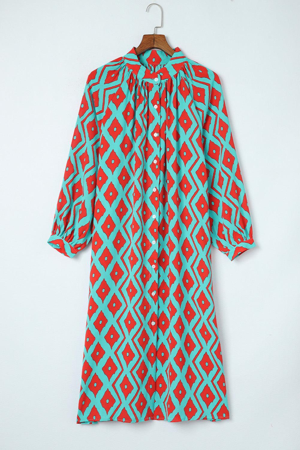 Western Geometric Print Split Button Shirt Dress Midi Dresses MyDresses 