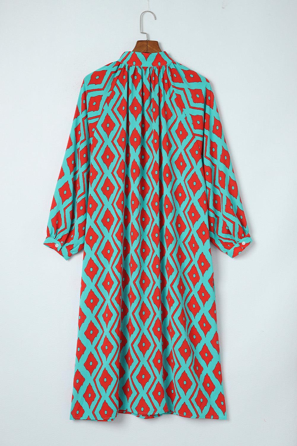 Western Geometric Print Split Button Shirt Dress Midi Dresses MyDresses 