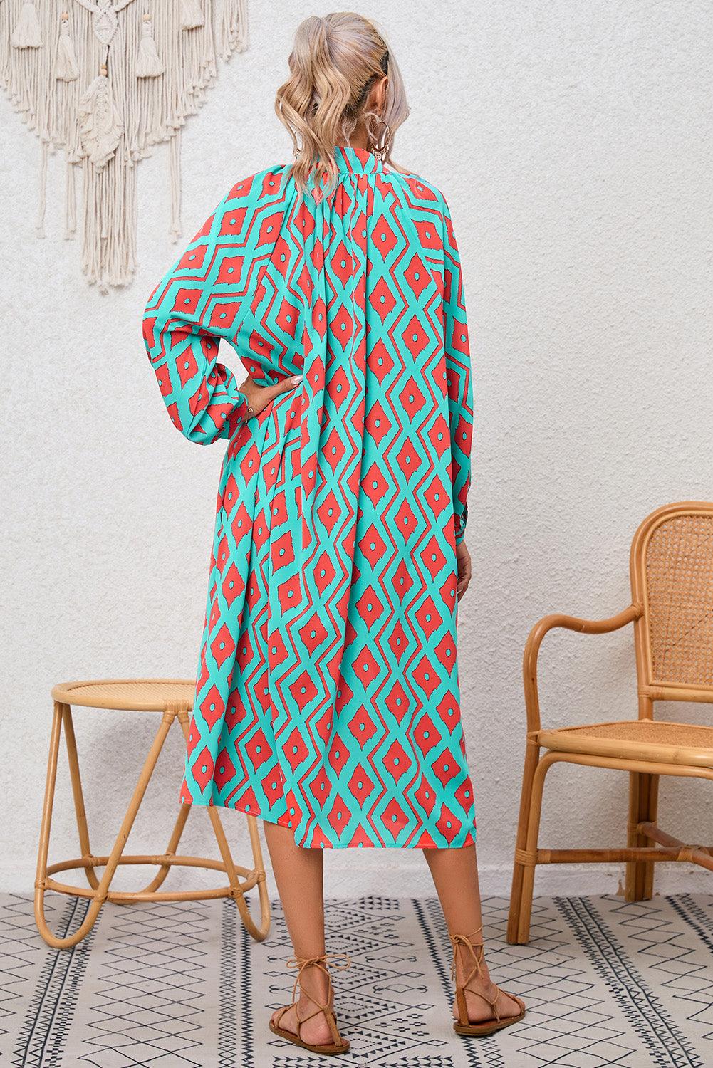 Western Geometric Print Split Button Shirt Dress Midi Dresses MyDresses 