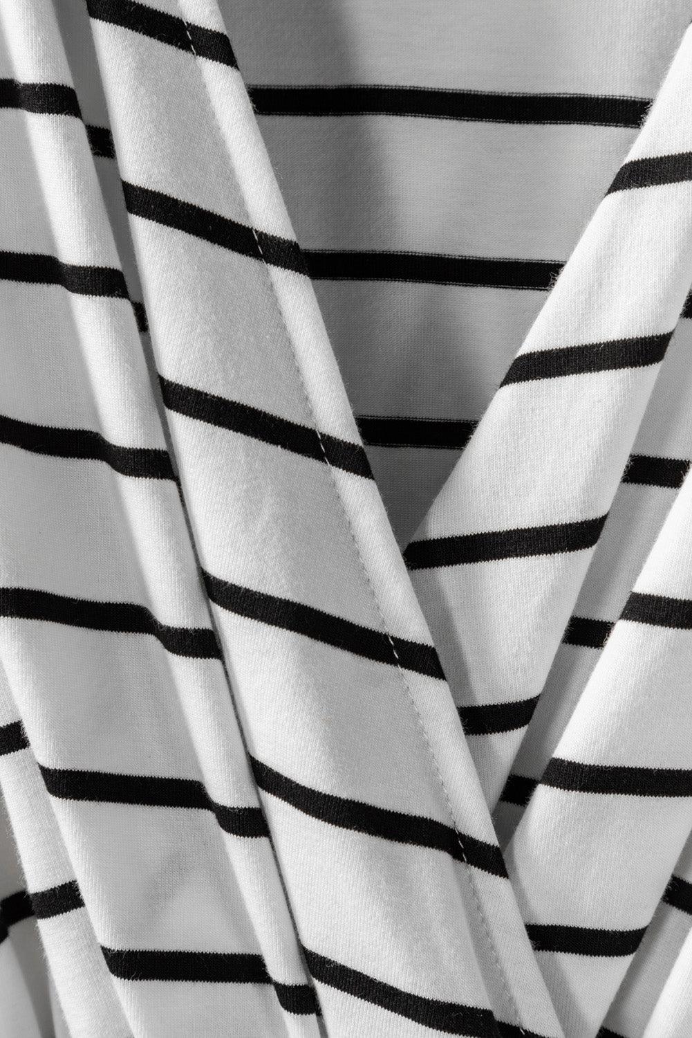 Wrapped V Neck Stripe Dress with Split Short Sleeve Midi Dresses MyDresses 