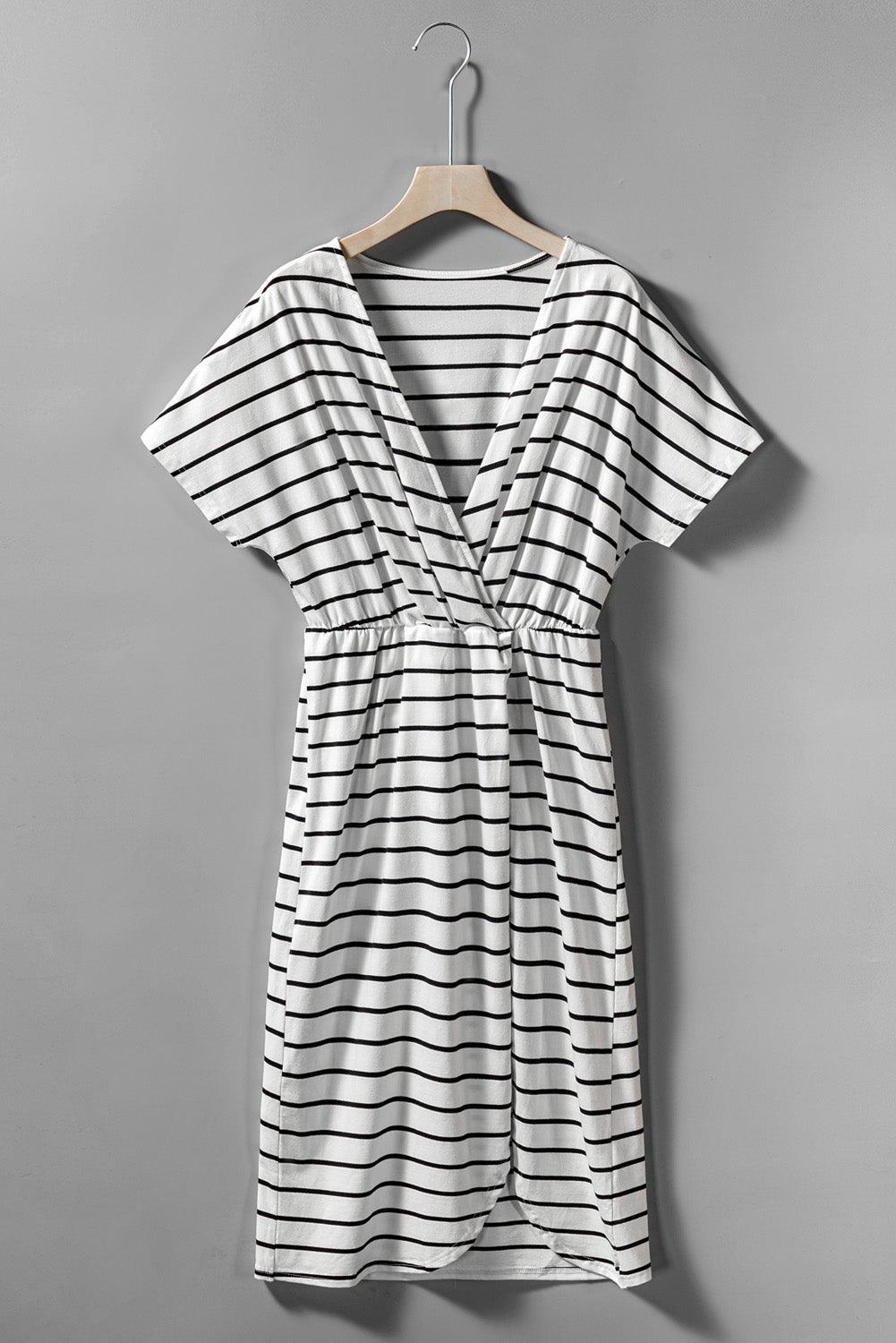 Wrapped V Neck Stripe Dress with Split Short Sleeve Midi Dresses MyDresses 