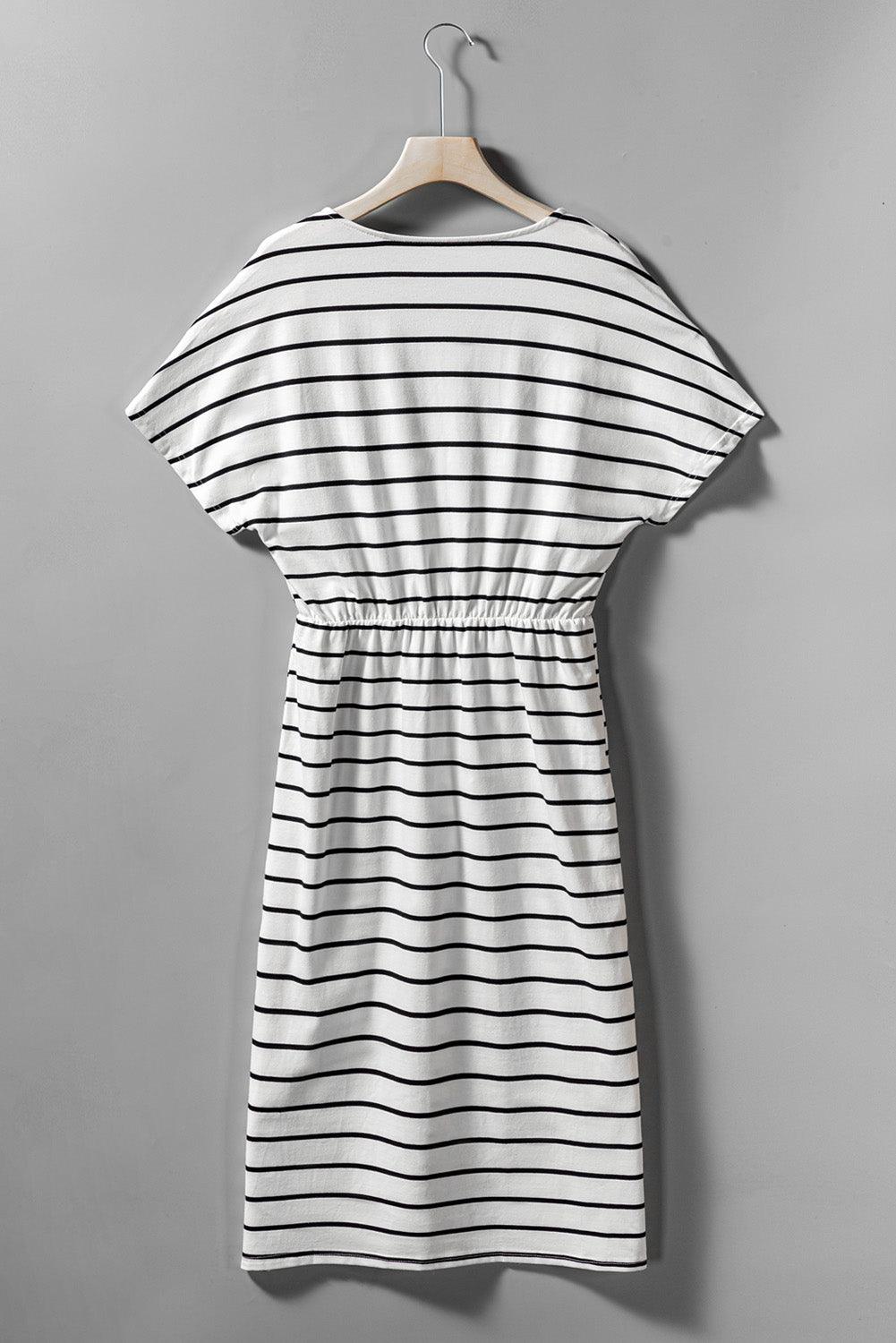 Wrapped V Neck Stripe Dress with Split Short Sleeve Midi Dresses MyDresses 